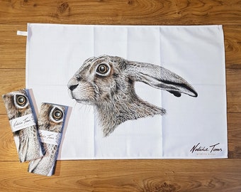 TEA TOWEL • Startled Hare • 100% cotton • animal art • wildlife • nature lover • hare gift • countryside • made in Cornwall • Natalie Toms