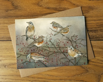 CARD • Winter Thrushes • Christmas card • fieldfare • redwing • hawthorn • songbirds • hedgerow • countryside • nature • wild • Natalie Toms