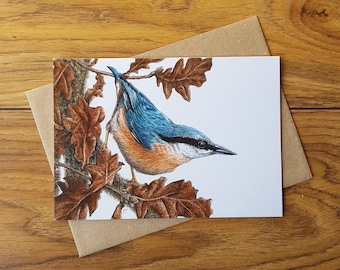 CARD • Nuthatch and Oak • nature art • UK wildlife • watercolour • ink • woodland bird art • eco friendly • Cornwall • Natalie Toms