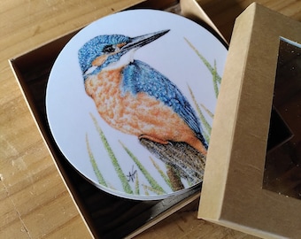 COASTERS • Set of 4 • Kingfisher in the Reeds • melamine • cork • nature illustration • river bird • housewarming • Cornwall • Natalie Toms