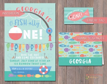 Ofishally One Fishing 1st Birthday Invitations, Thank You Notes, and/or Favor Tags for Girls