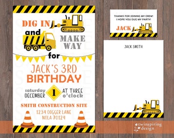 Construction Birthday Party Invitation, Thank You Note, and/or Favor Tag DIGITAL FILES