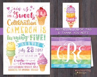 Rainbow Ice Cream Birthday Party Invitations, Thank You Notes, and/or Favor Tags - Twins / Siblings / Best Friends Invitation