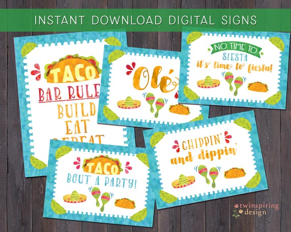 Taco Twosday Fiesta INSTANT DOWNLOAD Party Signs in Blue