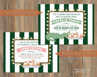 May include: Two printable invitations for a birthday party. The first invitation is for a girl's 5th birthday party and features a green alligator and beignets. The second invitation is for a boy's 3rd birthday party and features a green alligator and beignets. Both invitations have a green and white striped background.