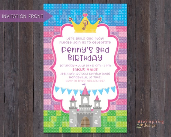Zaproszenia Na Urodziny Lego Princess Ilub Tagi łaski Cegły Etsy