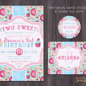 Two Sweet Cupcake Donut Birthday Party DIGITAL Invitation, Thank You Note, and/or Favor Tag Files