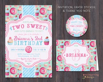 Two Sweet Cupcake Donut Birthday Party DIGITAL Invitation, Thank You Note, and/or Favor Tag Files