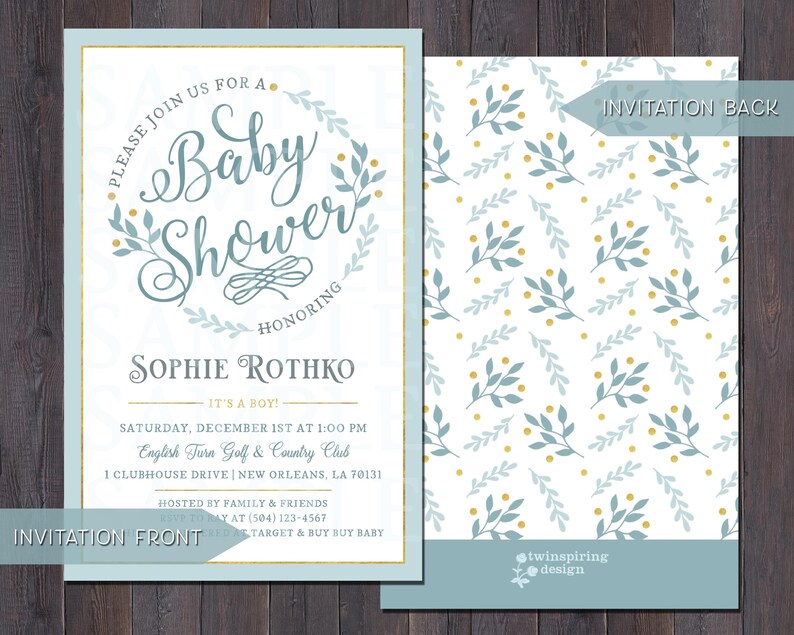 Elegant Blue Gold Baby Shower Invitations Thank You Notes Etsy