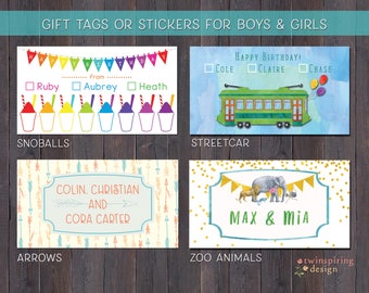 Gift Tags or Stickers for Siblings - Snoballs, Streetcar, Arrows or Zoo Animal Designs