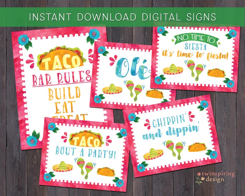May include: A set of five printable signs with a pink watercolor background and white text. The signs feature a taco theme and include phrases like "Taco Bar Rules", "Taco Bout A Party!" and "No Time To Siesta, It's Time To Fiesta!"
