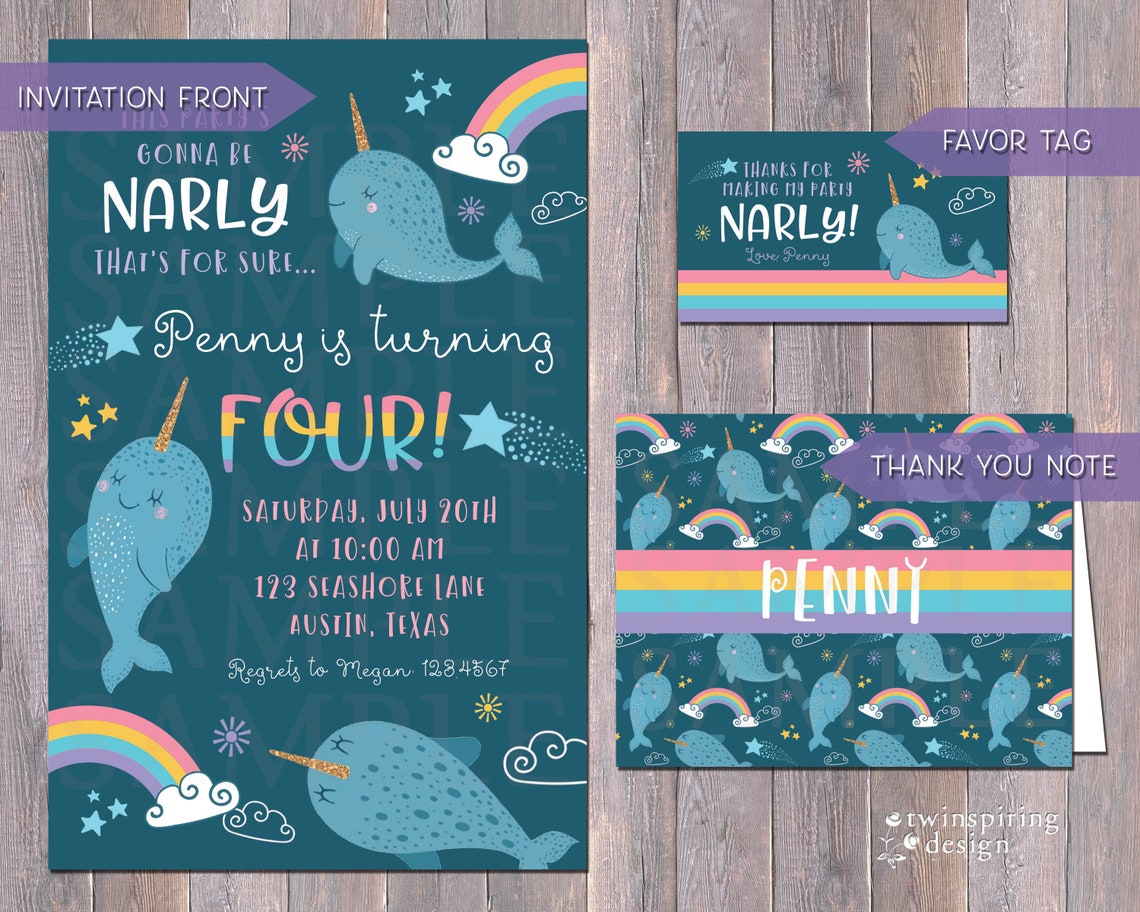 Narwhal Birthday Invitation Thank You Note And/or Favor Tag | Etsy