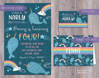 Narwhal Birthday Invitations, Thank You Notes, and/or Favor Tags | Narwhal Rainbow Narly Birthday Invitation Suite