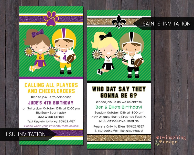Football /& Cheerleader Invitation Saints or LSU Invitations with Envelopes Customizable for Any Team!