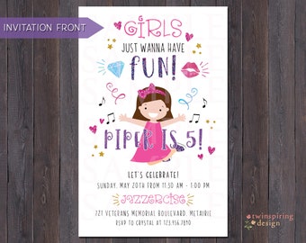 Girls Just Wanna Have Fun DIGITAL Invitation, Thank You Note, Round Favor Tag | Girls Dance Party Sleepover Invitation