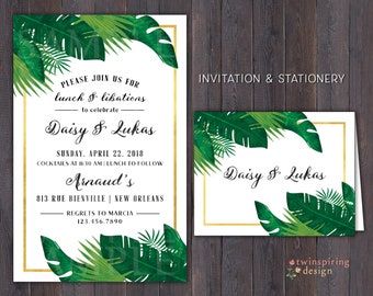 Classic Modern Wedding or Cocktail Party Invitations and/or Thank You Notes with Envelopes | Tropical Banana Leaves Invitation