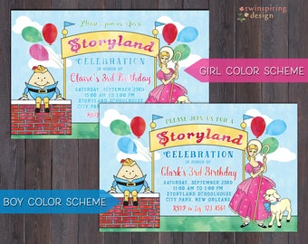 Puede incluir: Invitación a una celebración de Storyland para el 3er cumpleaños de un niño. La invitación presenta un fondo de acuarela con globos, un muro de ladrillos y personajes de cuentos de hadas. El texto de la invitación dice: "Por favor, únase a nosotros para una celebración de Storyland en honor al 3er cumpleaños de Claire. Sábado, 23 de septiembre, de 11:00 AM a 1:00 PM, Storyland Schoolhouse, City Park. RSVP a Liz: 123.4567"