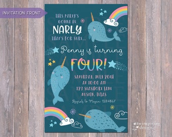 Narwhal Birthday Invitation, Thank You Note, and/or Favor Tag DIGITAL FILES | Narwhal Rainbow Narly Birthday Invitation Suite