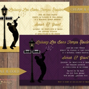 New Orleans Jazz, Lamp Post, & Fleur de Lis Invitation - DIGITAL FILE - Purple and Gold, or Cream and Gold