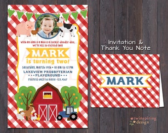 Barn Birthday Photo Invitations and/or Thank You Notes with Envelopes | Farm Animal Petting Zoo Birthday Invitations