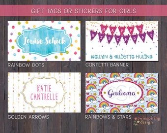 Gift Tags or Stickers for Girls - Rainbow Dots, Confetti Banner, Arrows or Rainbows Hearts & Stars