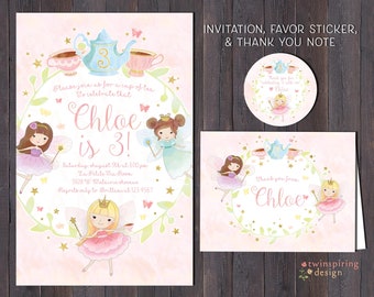 Fairy Tea Party Birthday Invitations, Thank You Notes, and/or Favor Stickers | Fairies Stars Butterflies Invitation, Stationery, Sticker