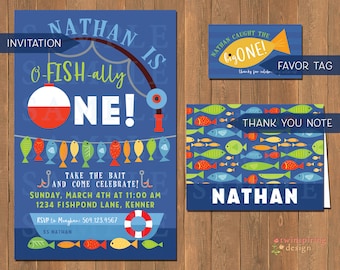 Ofishally One Fishing 1st Birthday Invitations, Thank You Notes, and/or Favor Tags