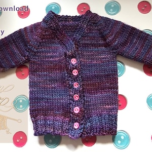 May include: A purple and blue striped knitted cardigan with pink buttons. The cardigan is laid flat on a white background with blue and red buttons scattered around it. The text "PDF Pattern Download MSD Cardigan for 2 ply & 4 ply" is visible at the top of the image.