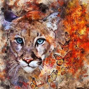 Cougar Art - Mountain Lion Watercolor Art - Puma - In Honor of Ares and Memory of Artemis and Orion Matted Print or Gallery Canvas