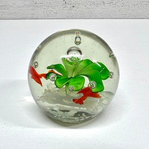 Glass Paperweight - Art Glass Flower and Fish - Hand Blown Glass Orb - Decorative Office Gift