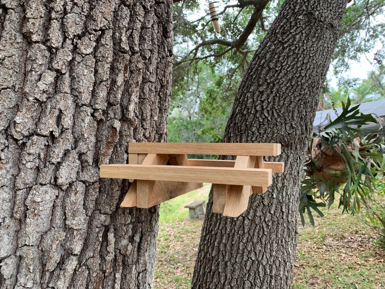 May include: A wooden bird feeder shaped like a miniature picnic table is mounted to a tree trunk. The feeder is made of natural wood and has a simple design.