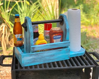 Grill Geschenk - Grill Caddy - Grill Zubehör - Bier Caddy - Besteck Caddy - Holz Organizer Box