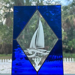 Sailboat Art Suncatcher Stained Glass Boat Nautical Stained Glass Boating Gifts Beach House Decor