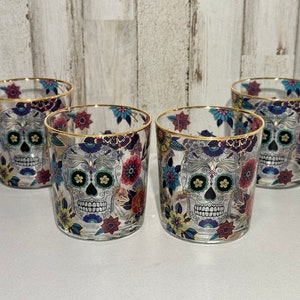 Sugar Skull Day Of The Dead Rocks Glass Set Flower Skull Williams and Sonoma Barware Sugar Skull Glassware Skeleton Cocktail Glasses