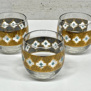 Culver Cocktail Glass Set Roly Poly Glasses Vintage Barware MCM Glassware Valencia Culver Gold Plated Barware