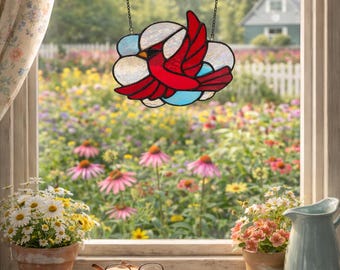 Acchiappasole in vetro colorato fatto a mano, a forma di cardinale rosso, da appendere alla finestra, decorazione da giardino, uccello commemorativo, regalo, arte della natura, in vetro.