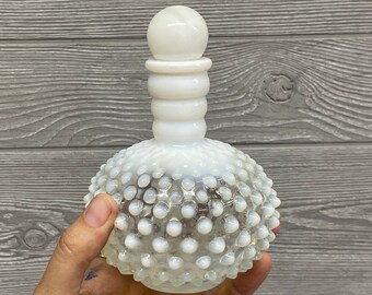 ホブネイルボトル - 白と透明のフェントンガラス香水瓶 - 装飾ガラス 