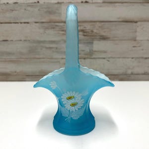 Westmoreland Satin Glass Basket Daisy Floral Basket Collectible Blue Glass Basket