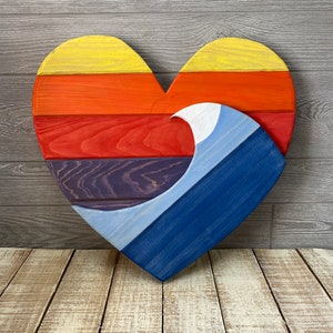 Ocean Wave Heart Art - Wood Sunset Heart - Ocean Wave