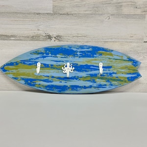 Vintage Style Surfboard Towel Hook - Surfboard Coat Rack - Wall Hook Set - Beach Bathroom Decor - Patio Towel Holder - Salty Blue