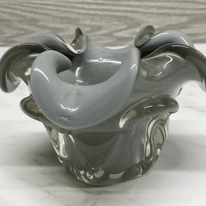 Midcentury Glass Bowl - Italian Biomorphic Blown Glass Dish - Gray Ruffled Glass Bowl