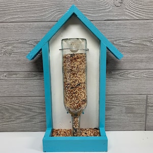 Wine Bottle Bird Feeder - Handmade Wood - Hand Painted - Original Artwork - Two Tone