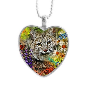 Cat Necklace - Heart Pendant - Lynx Charm - Nabisco Bobcat Watercolor Heart