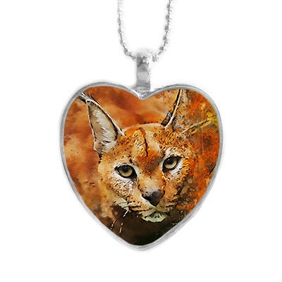Cat Necklace - Heart Pendant - Wildcat Charm - Cyrus Caracal Watercolor Heart