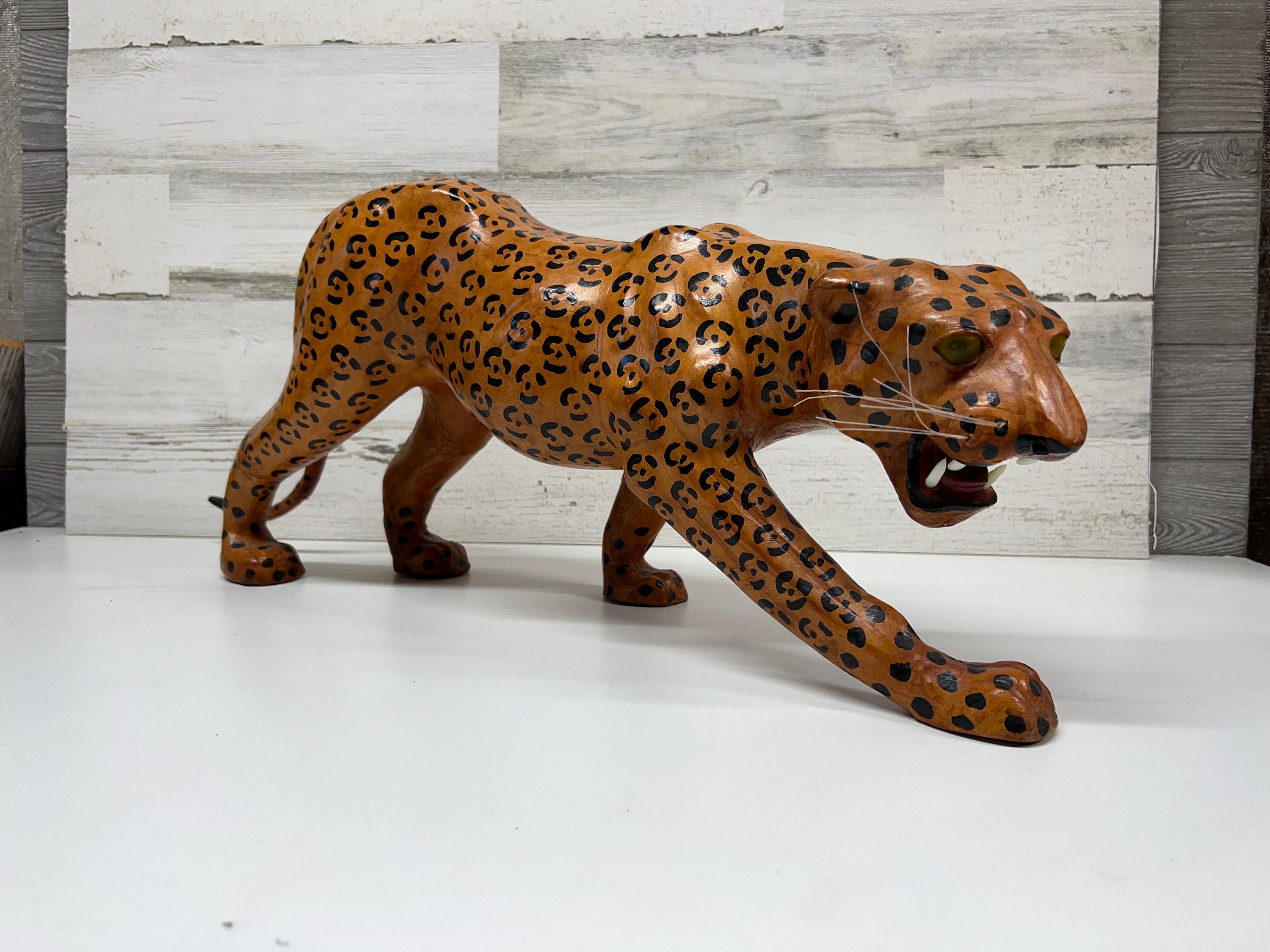 Leopard Sculpture - 1970s Leather Wrapped Leopard Statue - Leopard Figure
