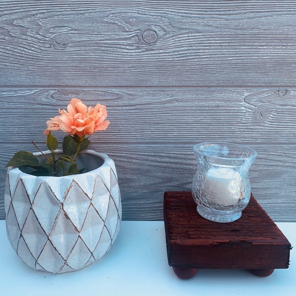 Salvaged Wood Candle Stand - Tiger Clawed Candle Pedestal - Russet  Reclaimed Wood with Crackle Glass Votive