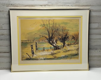 Opera d'arte di Pierre Letellier, litografia firmata, alba dorata, arte di metà secolo, dipinto di paesaggio, opera d'arte di alberi