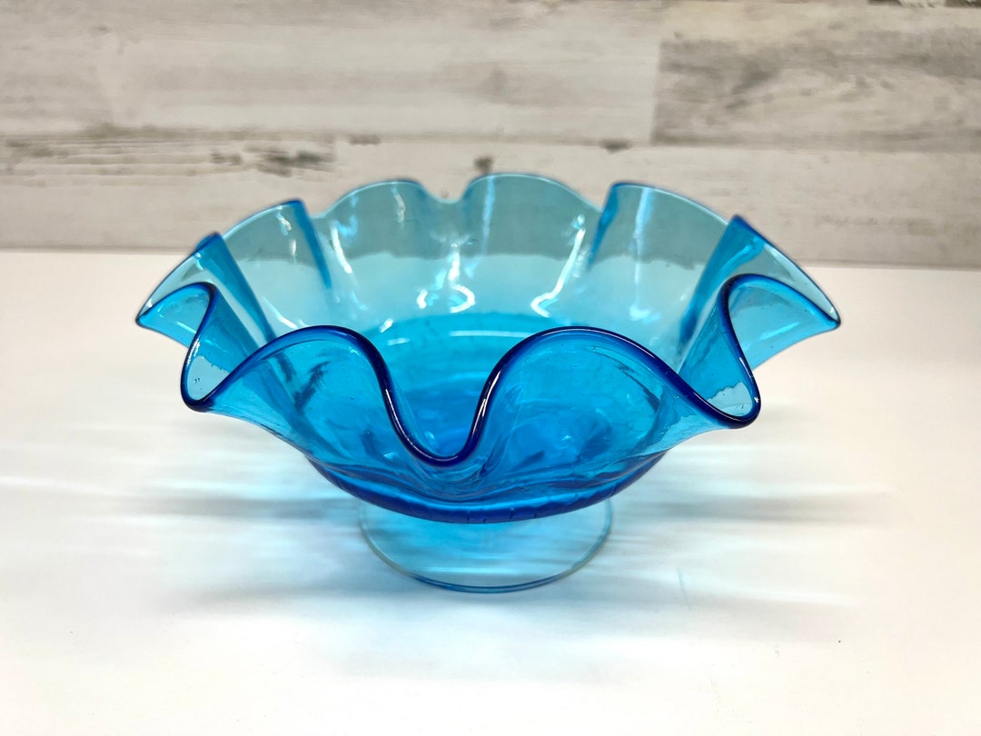 Glass Bowl - Vintage Blue Ruffle Glass - Crackle Glass - Decorative ...