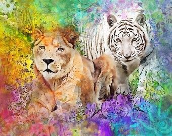 Schilderij leeuw en tijger - Cameron en Zabu - gematteerde aquarel wildlife kunst of galerijcanvas