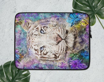 White Tiger Laptop Sleeve - Colorful Wildcat Laptop Case - Slim Laptop or iPad Sleeve with Zipper - Sapphire